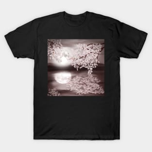 Cherry blossom branch. Full moon on water watercolor landscape illustration T-Shirt